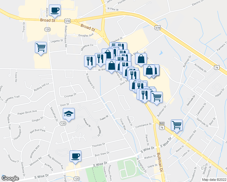 map of restaurants, bars, coffee shops, grocery stores, and more near 1944 Gion Street in Sumter