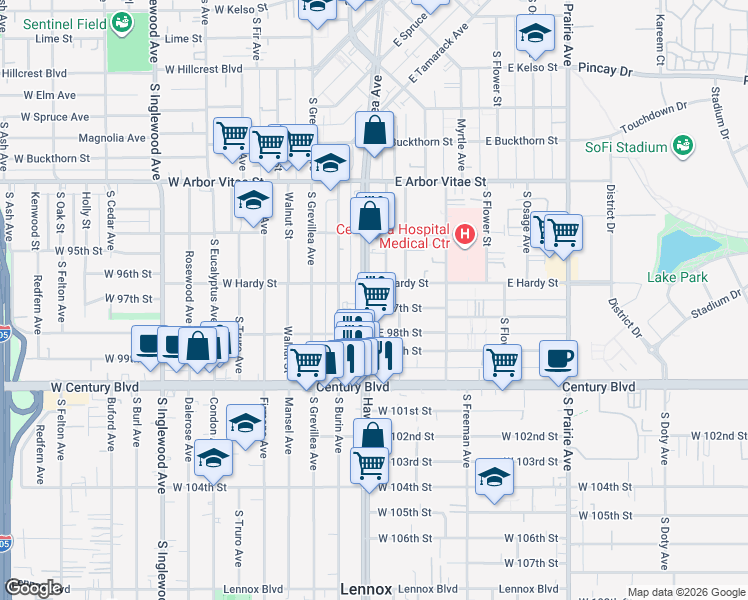 map of restaurants, bars, coffee shops, grocery stores, and more near 1129 South La Brea Avenue in Inglewood