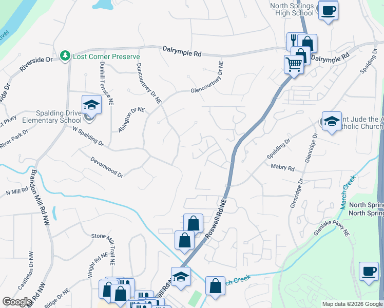 map of restaurants, bars, coffee shops, grocery stores, and more near 7156 Stonington Drive Northeast in Atlanta