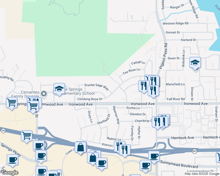 map of restaurants, bars, coffee shops, grocery stores, and more near 22593 Scarlet Sage Way in Moreno Valley