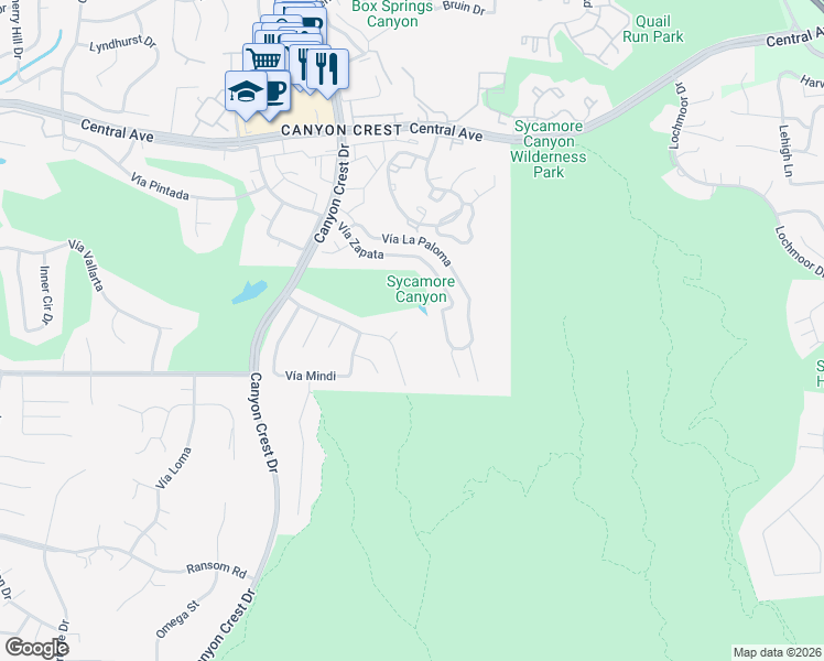 map of restaurants, bars, coffee shops, grocery stores, and more near 538 Vía Zapata in Riverside