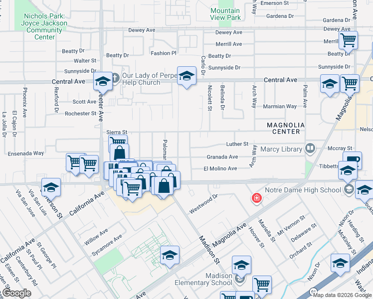 map of restaurants, bars, coffee shops, grocery stores, and more near 6890 Valencia Street in Riverside