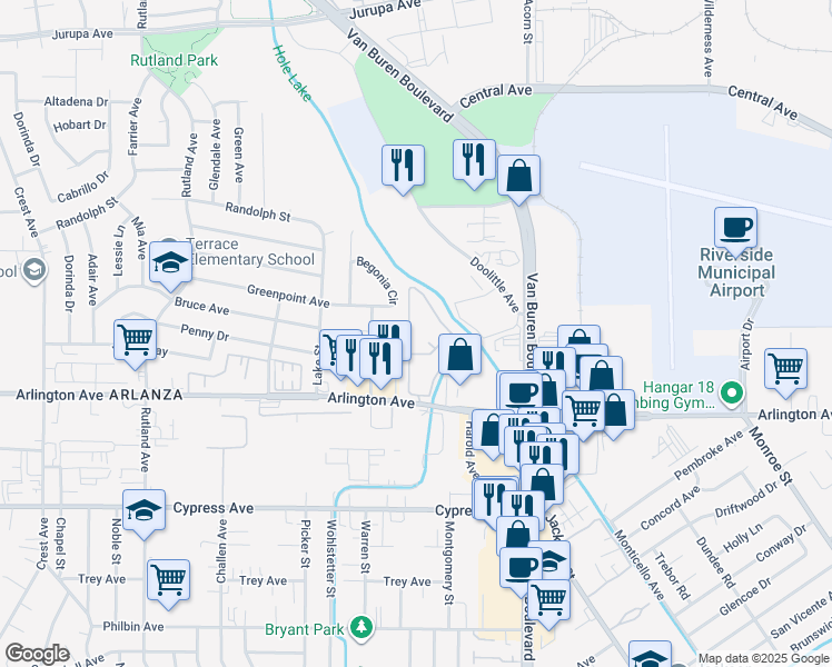 map of restaurants, bars, coffee shops, grocery stores, and more near 8153 Zinnia Place in Riverside
