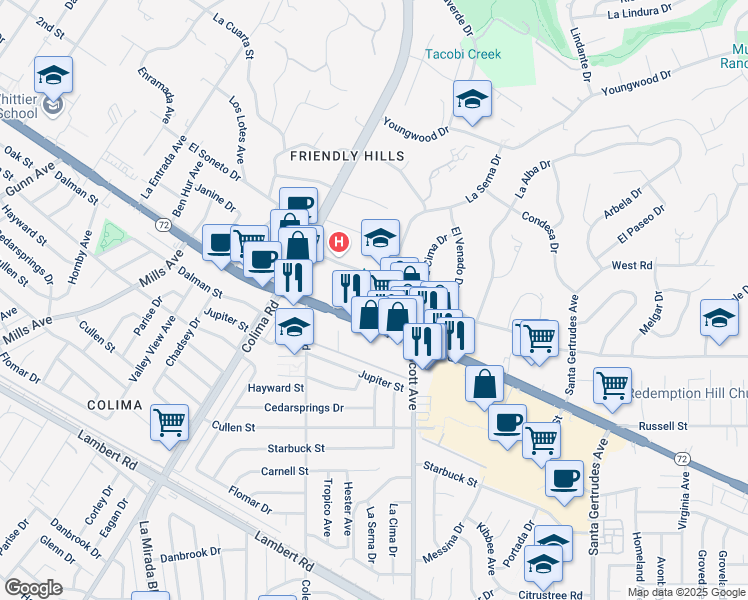 map of restaurants, bars, coffee shops, grocery stores, and more near 15265 Whittier Blvd in Whittier