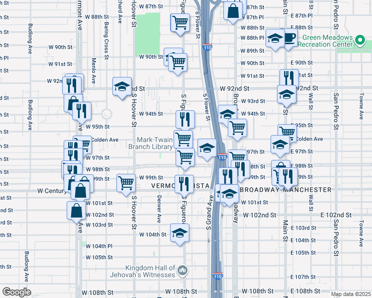map of restaurants, bars, coffee shops, grocery stores, and more near 9660 South Figueroa Street in Los Angeles