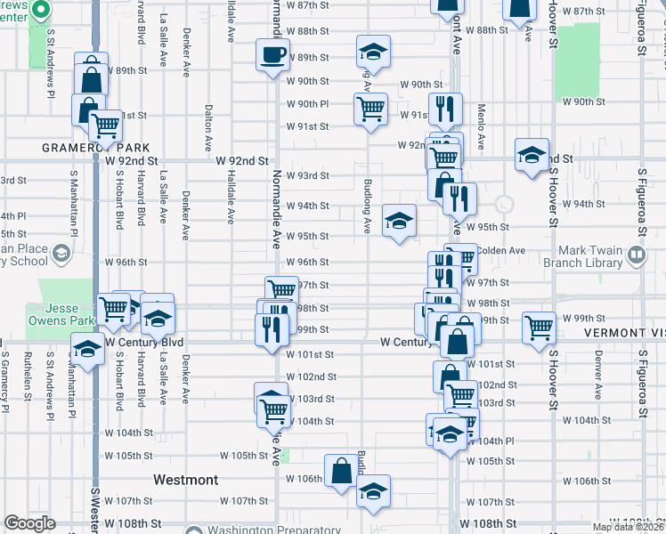 map of restaurants, bars, coffee shops, grocery stores, and more near 1241 West 97th Street in Los Angeles