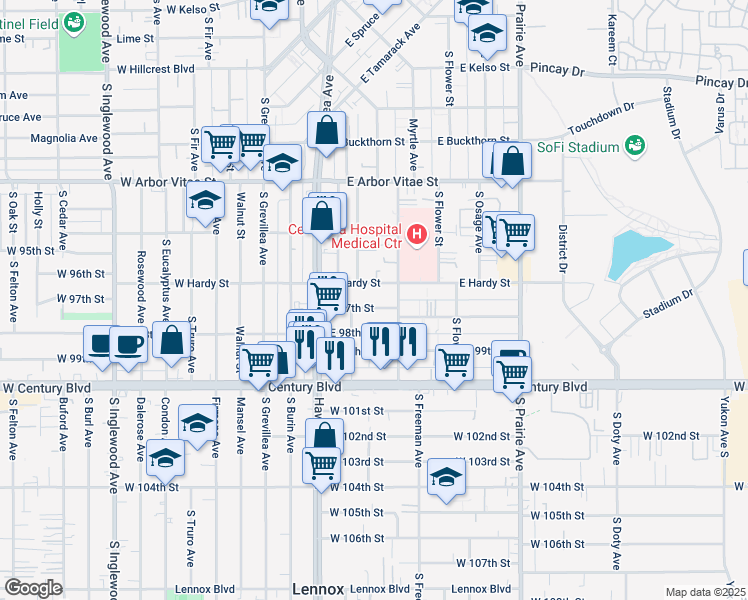 map of restaurants, bars, coffee shops, grocery stores, and more near 422 East 97th Street in Inglewood