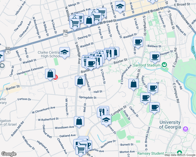 map of restaurants, bars, coffee shops, grocery stores, and more near 130 Talmadge Street in Athens