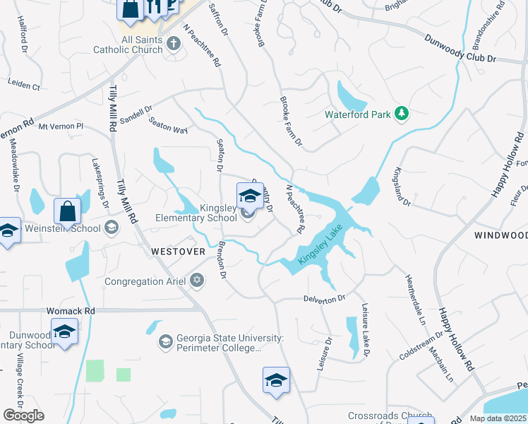 map of restaurants, bars, coffee shops, grocery stores, and more near 2051 Brendon Drive in Dunwoody