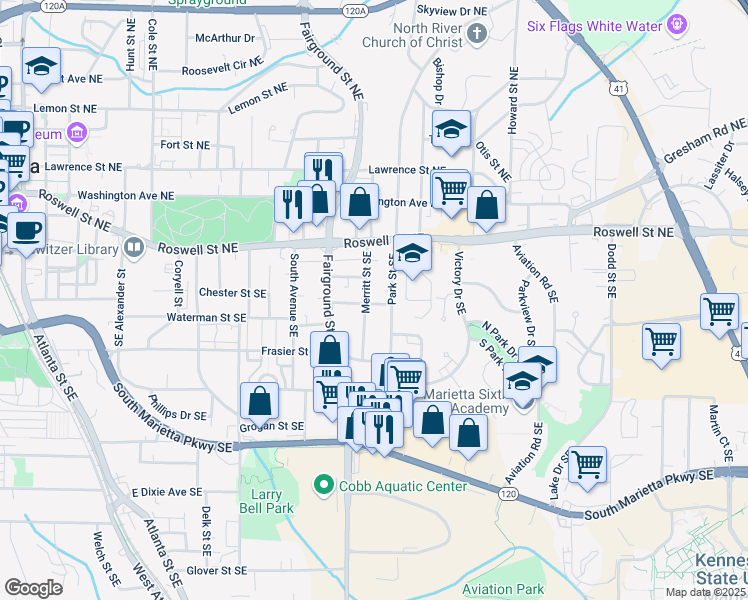 map of restaurants, bars, coffee shops, grocery stores, and more near 139 Merritt Street Southeast in Marietta
