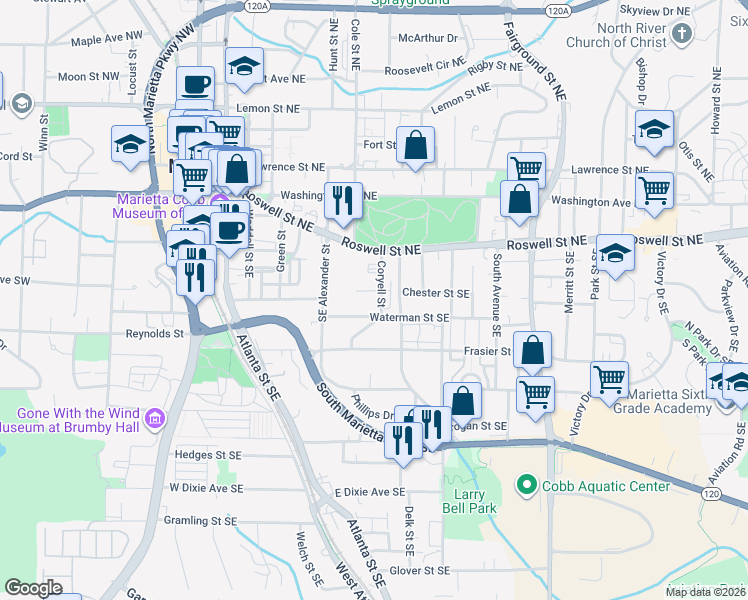 map of restaurants, bars, coffee shops, grocery stores, and more near 325 Waterman Street Southeast in Marietta