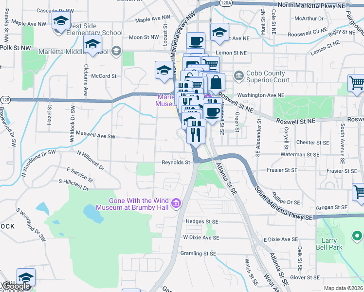 map of restaurants, bars, coffee shops, grocery stores, and more near 31 Trammell Street Southwest in Marietta