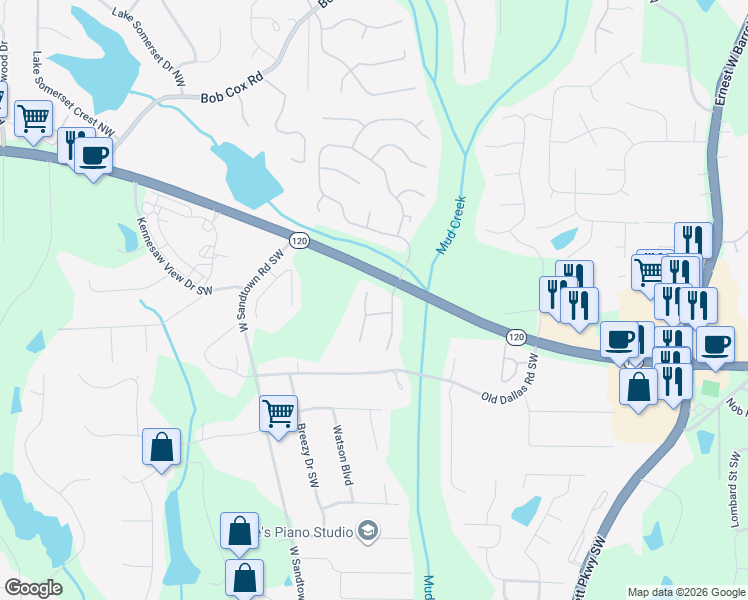 map of restaurants, bars, coffee shops, grocery stores, and more near 269 Lynshire Court Southwest in Marietta