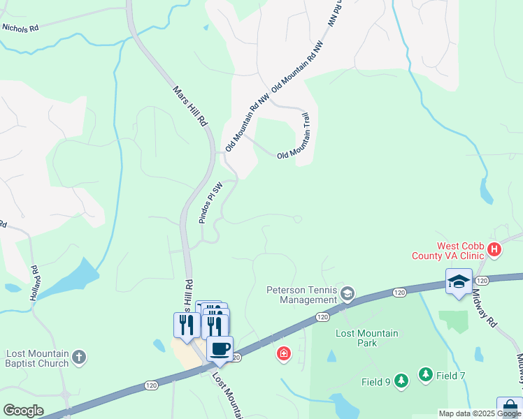 map of restaurants, bars, coffee shops, grocery stores, and more near 5016 Pindos Tr Southwest in Powder Springs