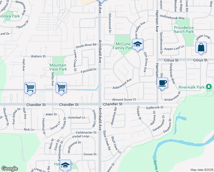 map of restaurants, bars, coffee shops, grocery stores, and more near 7783 Alderwood Avenue in Eastvale