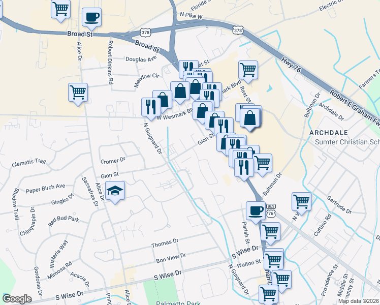 map of restaurants, bars, coffee shops, grocery stores, and more near 2008 Gion Street in Sumter