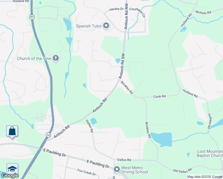 map of restaurants, bars, coffee shops, grocery stores, and more near 5900 Seven Oaks Drive in Powder Springs