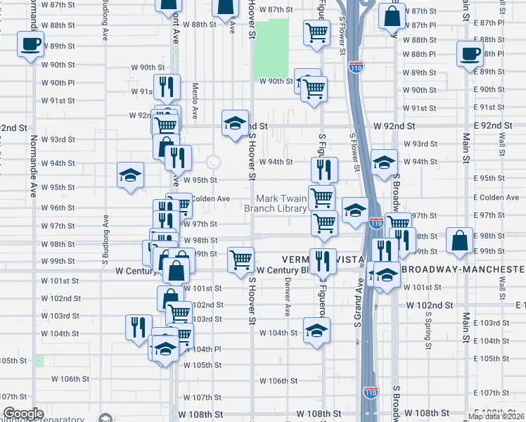 map of restaurants, bars, coffee shops, grocery stores, and more near 645 West 97th Street in Los Angeles