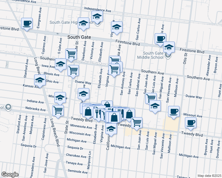 map of restaurants, bars, coffee shops, grocery stores, and more near 9535 California Avenue in South Gate