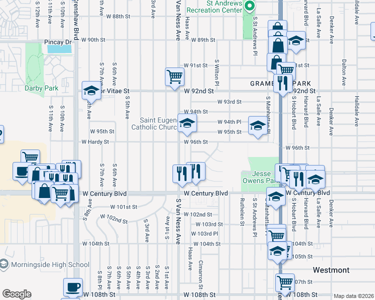 map of restaurants, bars, coffee shops, grocery stores, and more near 9711 Haas Avenue in Los Angeles