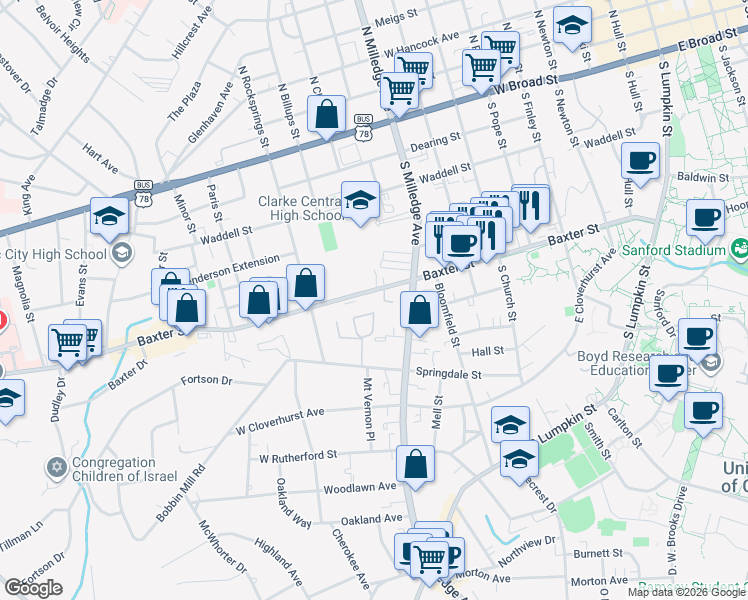 map of restaurants, bars, coffee shops, grocery stores, and more near 957 Baxter Street in Athens