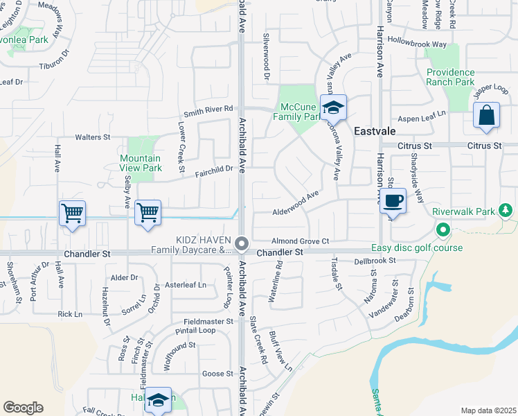 map of restaurants, bars, coffee shops, grocery stores, and more near 7783 Alderwood Avenue in Eastvale