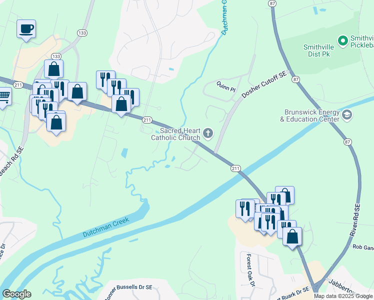 map of restaurants, bars, coffee shops, grocery stores, and more near 5284 Marco Drive Southeast in Southport