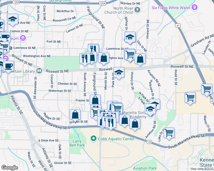 map of restaurants, bars, coffee shops, grocery stores, and more near 139 Merritt Street Southeast in Marietta