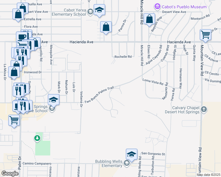 map of restaurants, bars, coffee shops, grocery stores, and more near 67425 Two Bunch Palms Trail in Desert Hot Springs