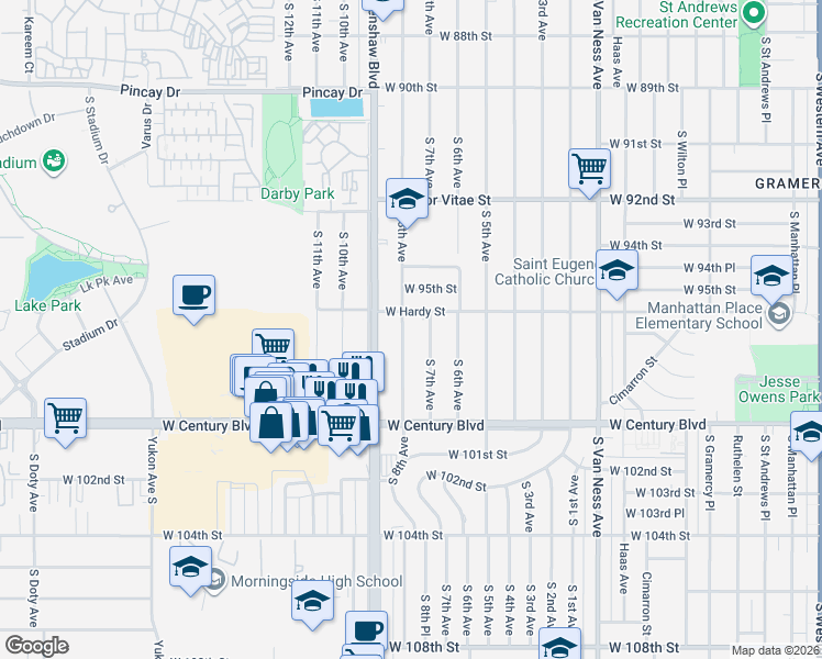 map of restaurants, bars, coffee shops, grocery stores, and more near 9625 South 7th Avenue in Inglewood