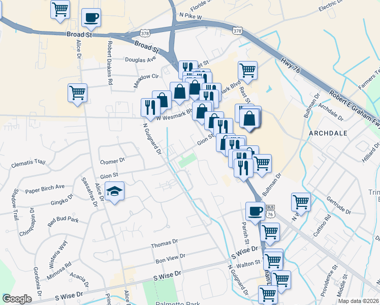 map of restaurants, bars, coffee shops, grocery stores, and more near 2008 Gion Street in Sumter