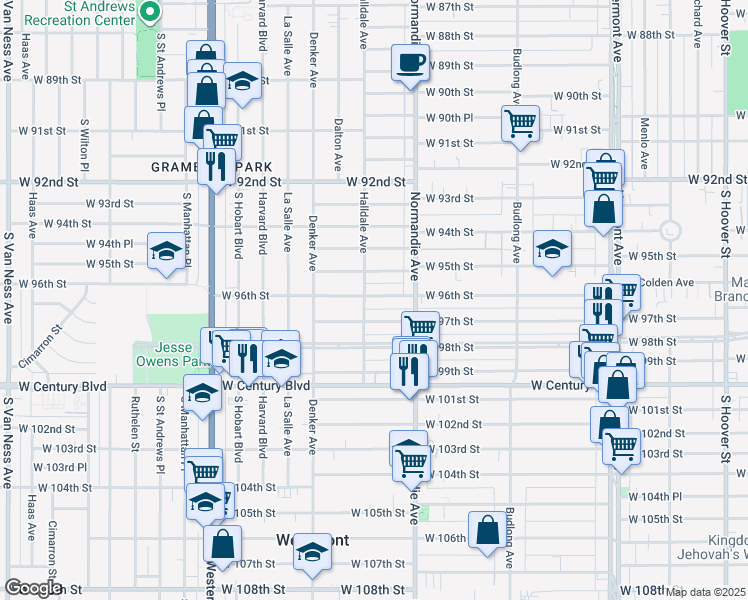 map of restaurants, bars, coffee shops, grocery stores, and more near 1448 West 96th Street in Los Angeles