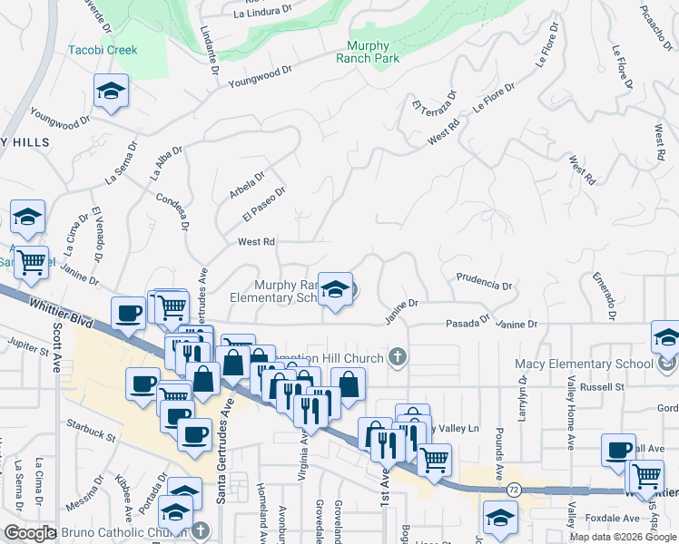 map of restaurants, bars, coffee shops, grocery stores, and more near 9927 Grovedale Drive in Whittier