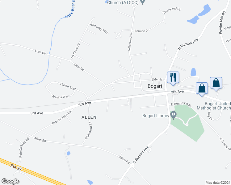 map of restaurants, bars, coffee shops, grocery stores, and more near 282 Elder Court in Bogart