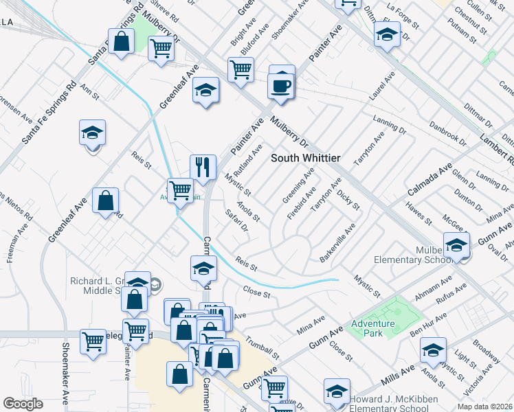 map of restaurants, bars, coffee shops, grocery stores, and more near 13414 Mystic Street in Whittier
