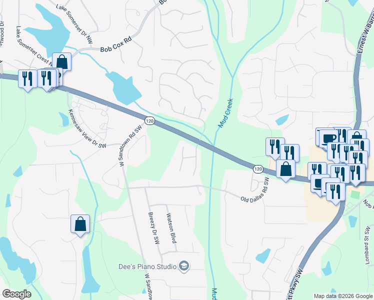 map of restaurants, bars, coffee shops, grocery stores, and more near 269 Lynshire Court Southwest in Marietta