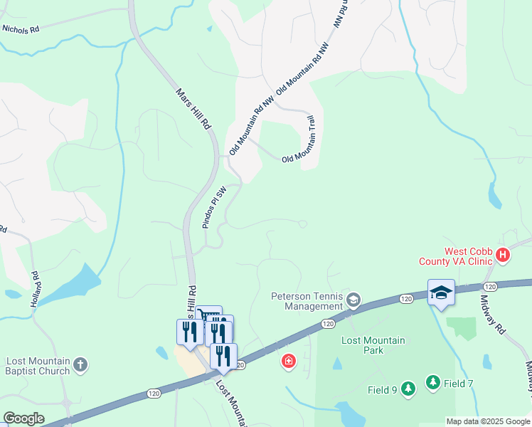map of restaurants, bars, coffee shops, grocery stores, and more near 5016 Pindos Tr Southwest in Powder Springs