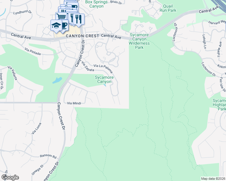map of restaurants, bars, coffee shops, grocery stores, and more near 536 Vía La Paloma in Riverside