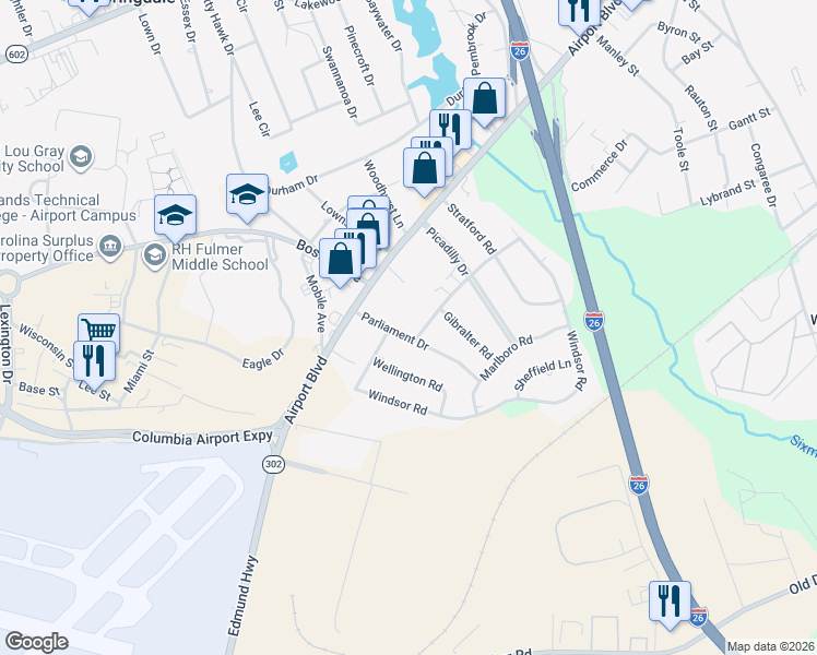 map of restaurants, bars, coffee shops, grocery stores, and more near 2006 Parliament Drive in Cayce