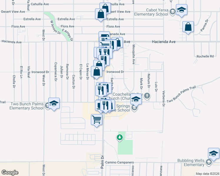 map of restaurants, bars, coffee shops, grocery stores, and more near 13755 Sarita Drive in Desert Hot Springs