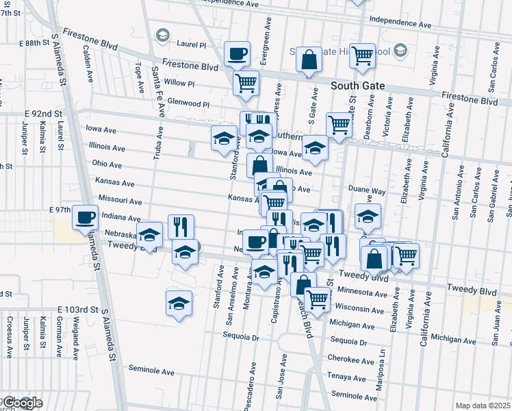 map of restaurants, bars, coffee shops, grocery stores, and more near 3011 Missouri Avenue in South Gate