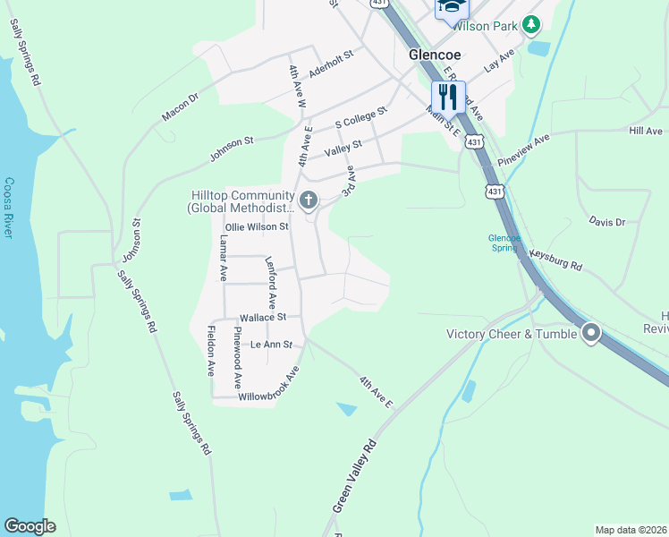 map of restaurants, bars, coffee shops, grocery stores, and more near 309 Jo Canyon Drive in Gadsden