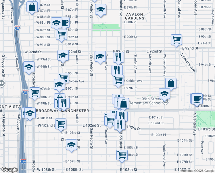 map of restaurants, bars, coffee shops, grocery stores, and more near 403 East 97th Street in Los Angeles