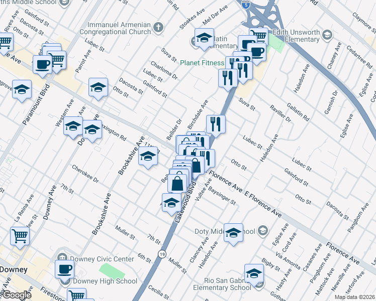 map of restaurants, bars, coffee shops, grocery stores, and more near 8630 Florence Avenue in Downey