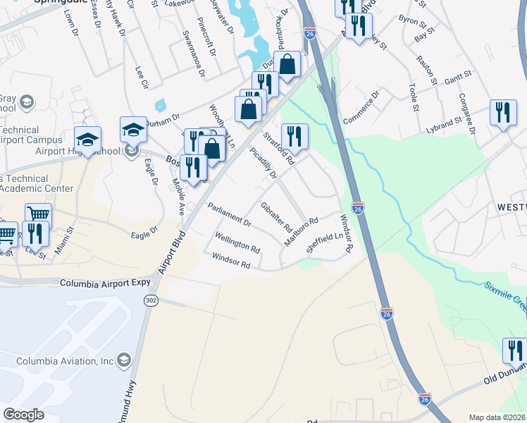 map of restaurants, bars, coffee shops, grocery stores, and more near 2032 Gibraltar Road in Cayce