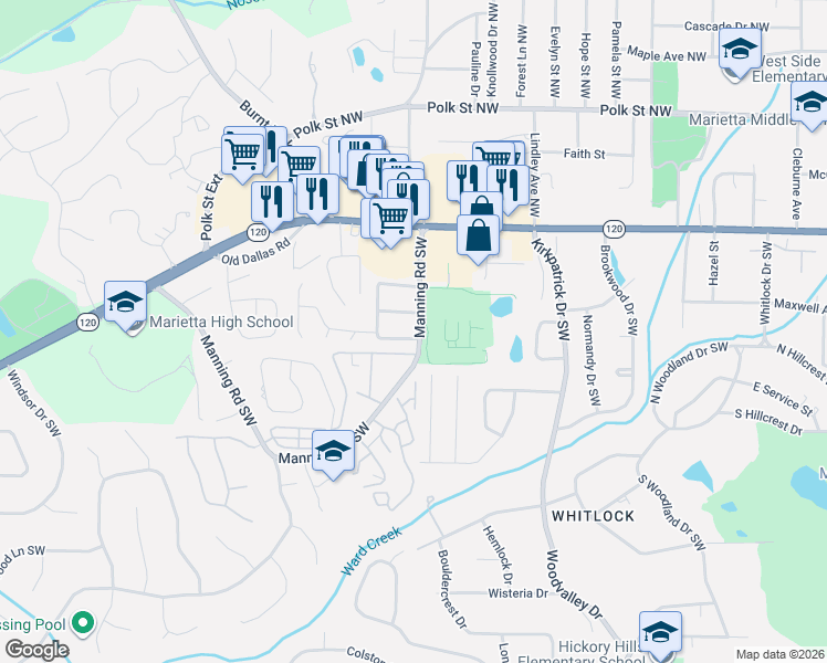 map of restaurants, bars, coffee shops, grocery stores, and more near 850 Wilson Circle Southwest in Marietta