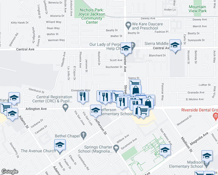 map of restaurants, bars, coffee shops, grocery stores, and more near 5405 Granada Avenue in Riverside