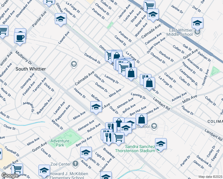 map of restaurants, bars, coffee shops, grocery stores, and more near 14038 Dunton Drive in Whittier