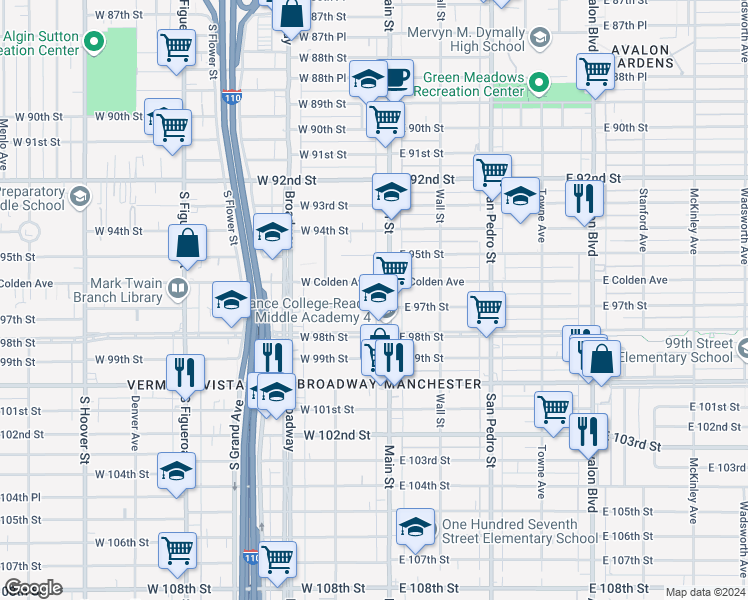 map of restaurants, bars, coffee shops, grocery stores, and more near 113 West 97th Street in Los Angeles