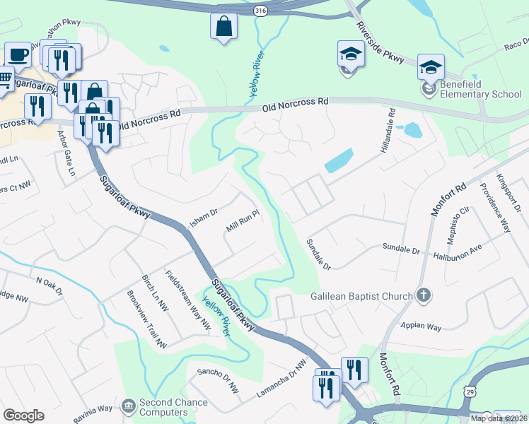 map of restaurants, bars, coffee shops, grocery stores, and more near 588 Dovie Place in Lawrenceville